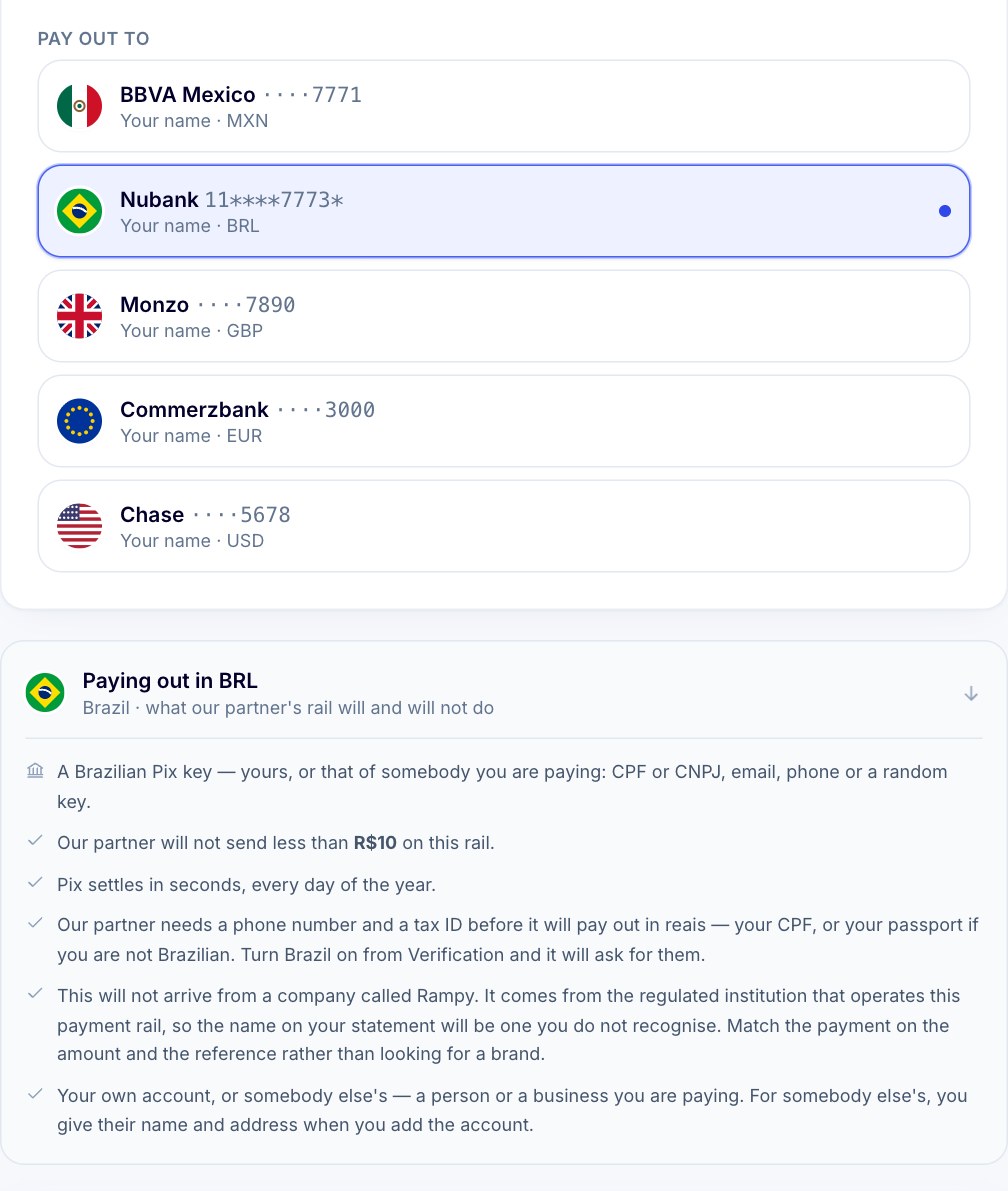 The Rampy sell screen with a Pix key selected, and a panel explaining BRL payouts: any Pix key type, a minimum of R$10, settlement in seconds every day, and a phone number and tax ID needed first.