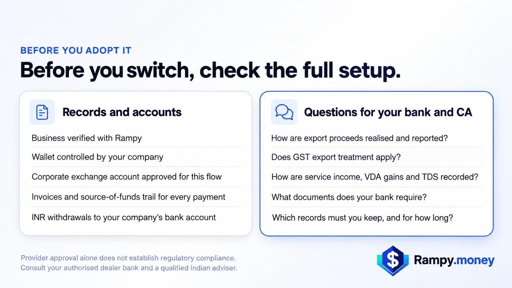 Before you switch, check the full setup. Records and accounts: business verified with Rampy, wallet controlled by your company, corporate exchange account approved for this flow, invoices and a source-of-funds trail for every payment, INR withdrawals to your company's bank account. Questions for your bank and CA: how export proceeds are realised and reported, whether GST export treatment applies, how service income, VDA gains and TDS are recorded, what documents your bank requires, which records to keep and for how long.